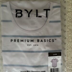 BYLT Drop Cut: Lux Medium Purple and Navy striped Tee